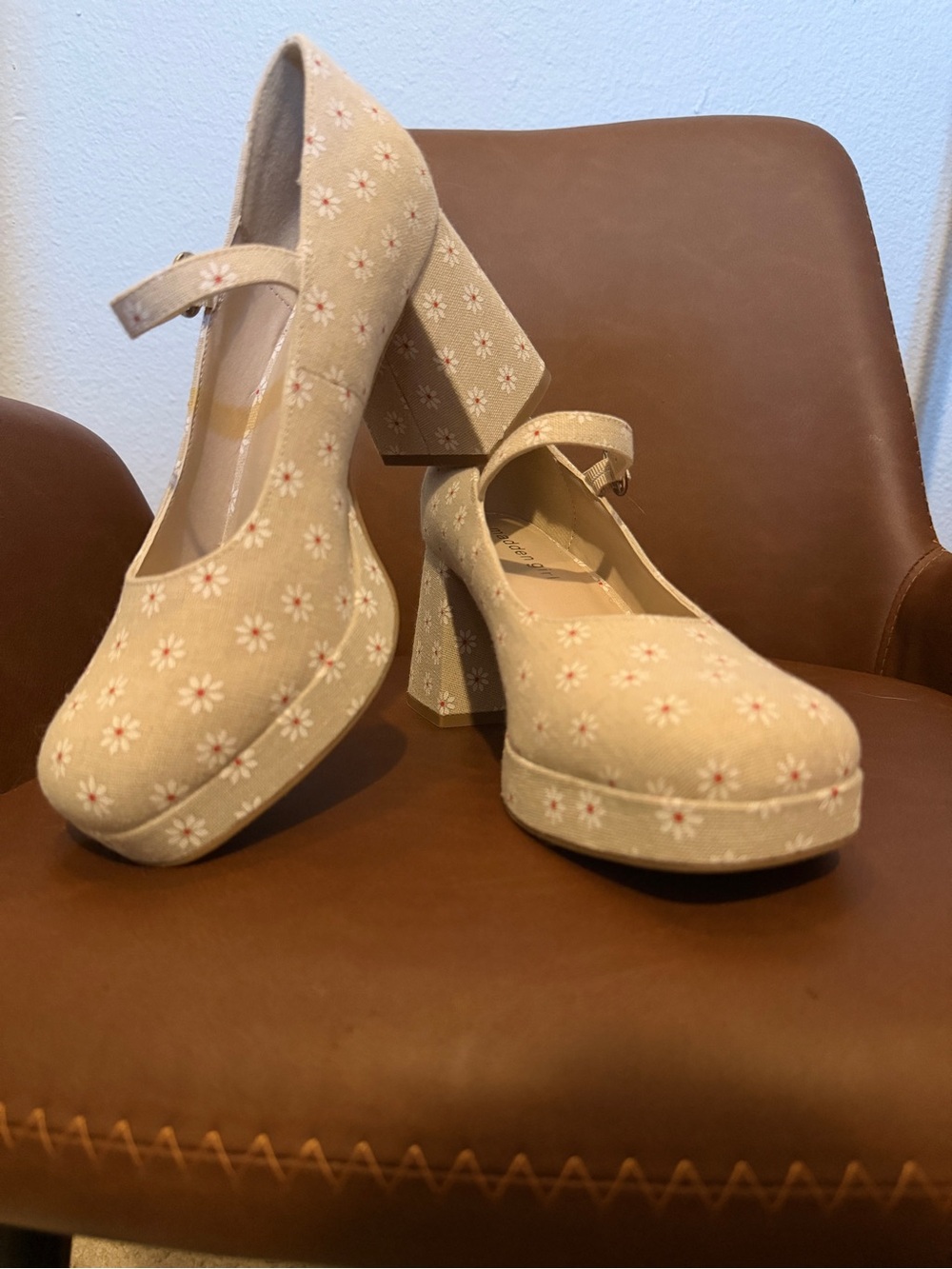 Madden Girl Beige Daisy Platform Mary Jane Heels